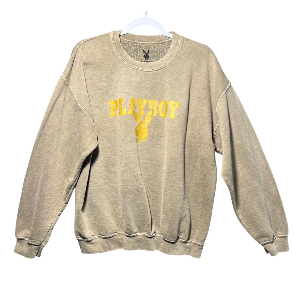 PLAYBOY‎ Bunny Logo Sweatshirt Tan Beige Graphic Crewneck Pullover L